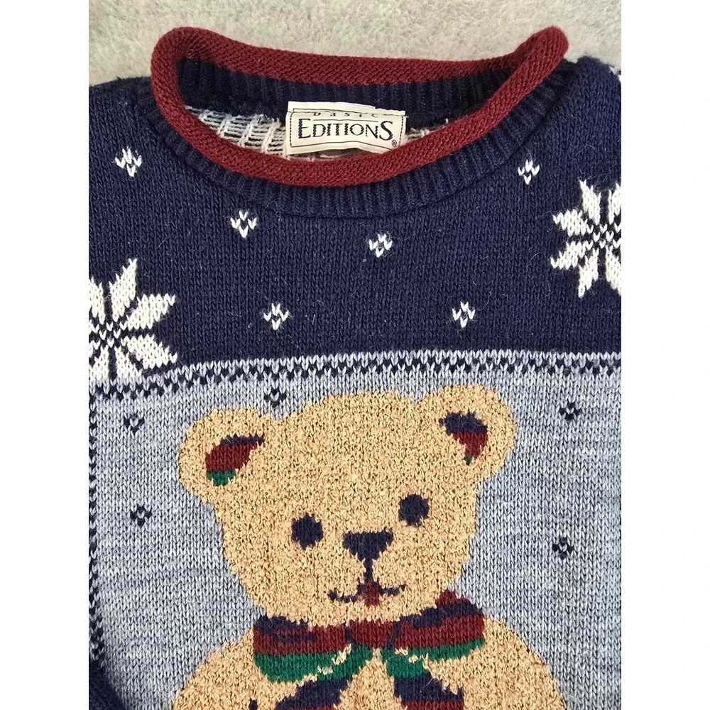 Vintage 90s Basic Editions Knit Sweater Kids 6/6X Navy Blue Teddy Bear Christmas